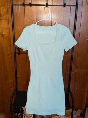Square Neck Ribbed Mini Dress in Light Aqua